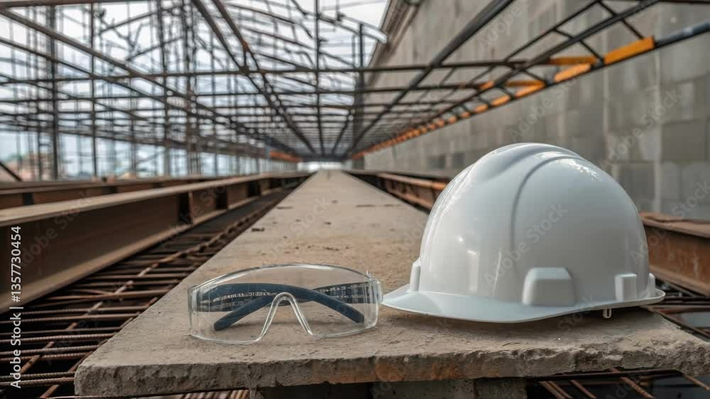 Poster closeup of a hard hat resting on a concrete beam with a pair of safety glasses reflecting the intric