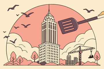 Naklejka premium 41 Surreal cityscape, giant hand holding a spatula, skyscraper on spatula, urban development, birds flying, sunset sky, environmental impact, miniature trees, construction concept, photorealistic, dig
