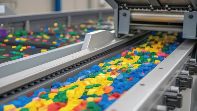 Closeup of a hightech optical sorting machine detecting and categorizing plastics based on color with a cascade of items being sorted in realtime.