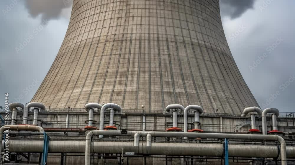 Aufkleber closeup of a massive cooling tower its textured concrete surface contrasted by billowing steam escap