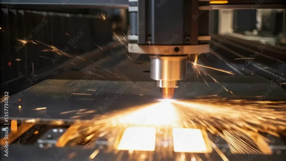 Poster closeup of a raw metal sheet being fed into a laser ter with bright sparks flying capturing the inte