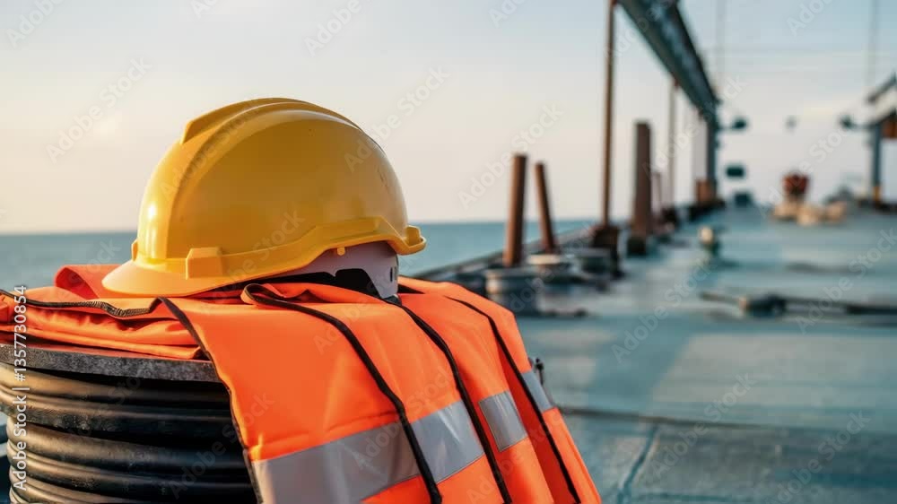 Poster closeup of a safety helmet resting on a stack of equipment with a bright orange life vest draped nea