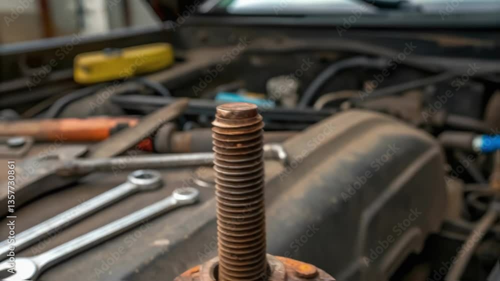 Poster Closeup of a rusty bolt being removed from a motor assembly with tools laid out in the background emphasizing the physical labor involved in maintaining equipment.