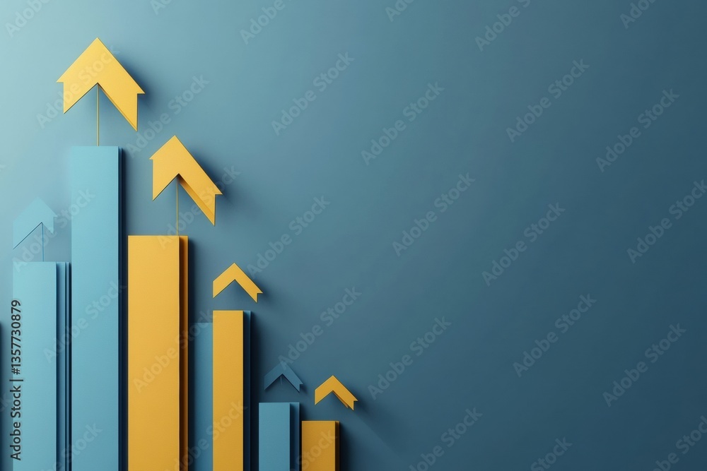 Aufkleber modern business background with layered paper cut bar charts and upward arrows in gold and blue colo