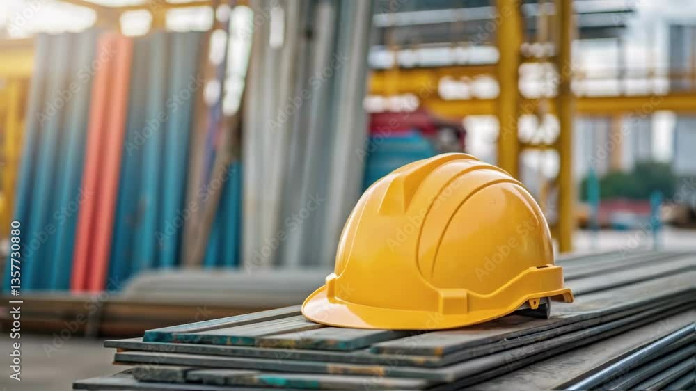 Poster Closeup of a safety helmet resting on a stack of sorted materials with colorful construction debris blurred in the background.