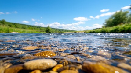 A serene river scene with clear water flowing over smooth stones, surrounded by green landscapes and a bright blue sky.