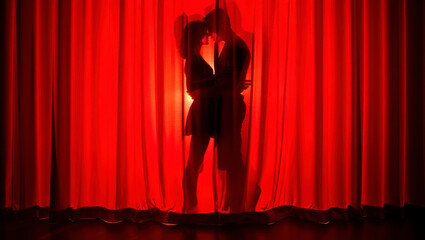 Silhouettes of a romantic couple behind red curtains, passionate scene, hug, 