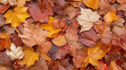 A vibrant assortment of autumn leaves in various shades of orange, yellow, and brown scattered across the ground.