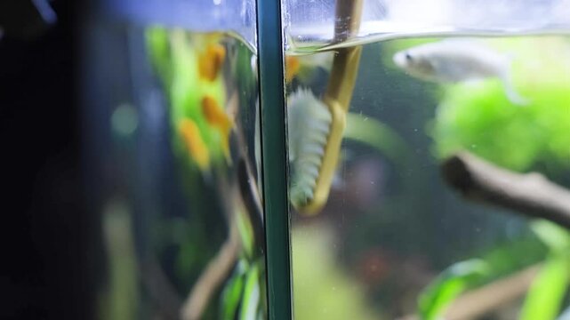 Aquarium service. Cleaning the glass in the aquarium.
