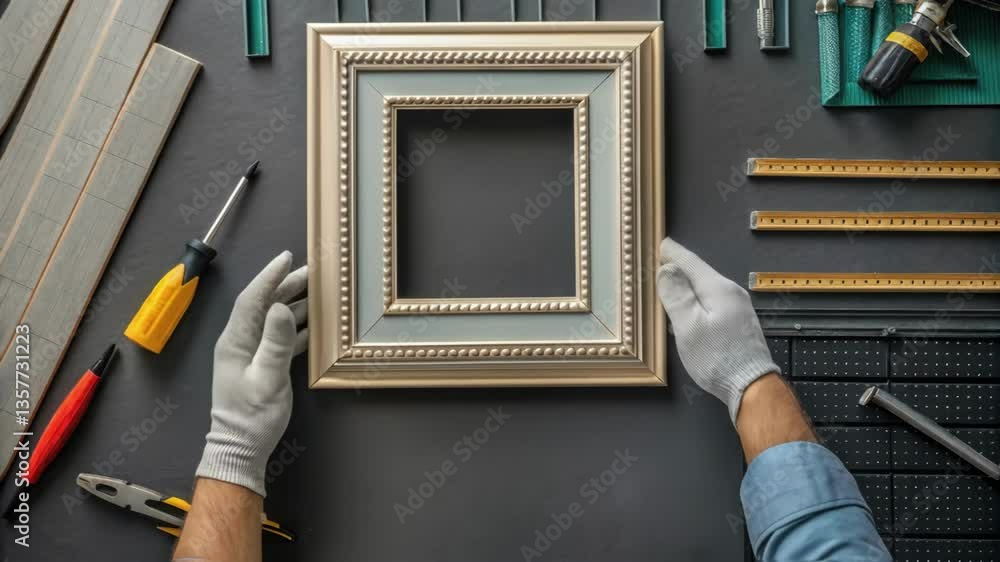 Aufkleber Closeup of a workers gloved hands applying adhesive to a frame with a backdrop of stacked modular components and tools emphasizing the importance of each action in the construction