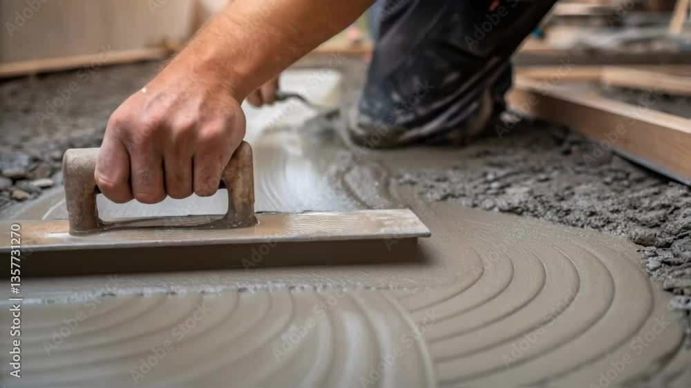 Poster closeup of a workers hands meticulously leveling fresh concrete with a trowel showcasing a mix of te