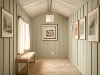 Obraz premium Modern hallway with wall panelling in neutral and light sage. Hall with wood panels, minimalist natural wood furniture and artwork on the wall.