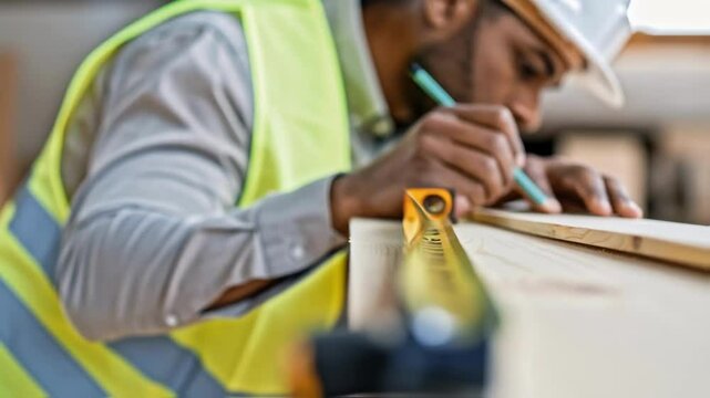 Closeup of a workers face deep in concentration as they measure and mark the position for another scaffold section highlighting the importance of precision.