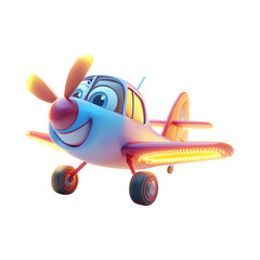 A Fluffy 3D Cartoon Airplane with Glowing Wings and Smiling Face Isolated on Transparent Background
