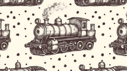 Seamless pattern with vintage steam locomotive sketch.