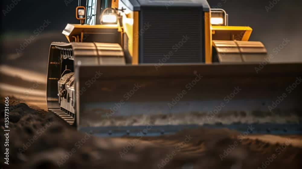 Aufkleber closeup of earth being pushed aside by a powerful dozer blade with particles flying into the air cau