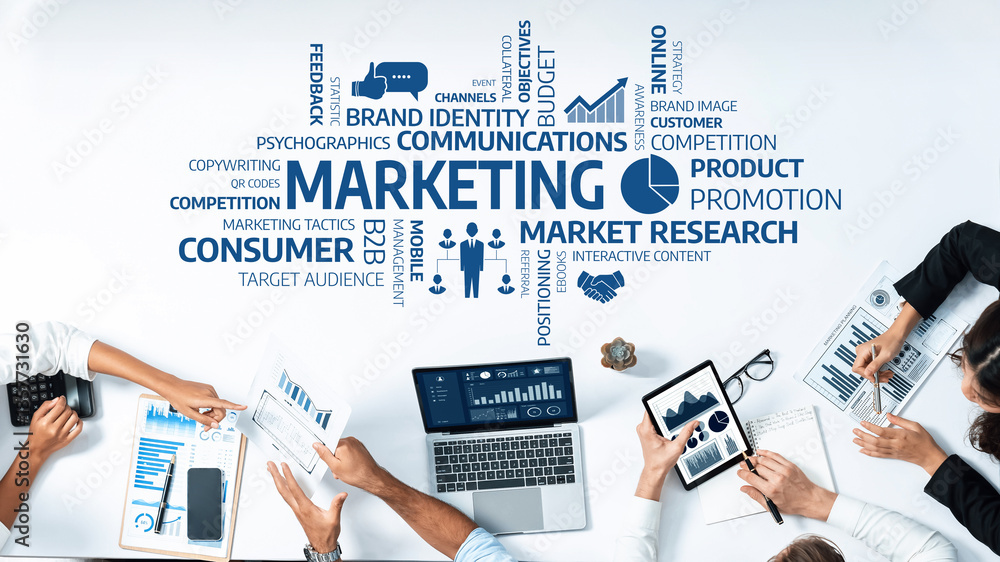 Poster this image captures a vibrant marketing workspace, showcasing various strategies and concepts throug