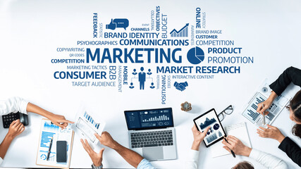 This image captures a vibrant marketing workspace, showcasing various strategies and concepts...