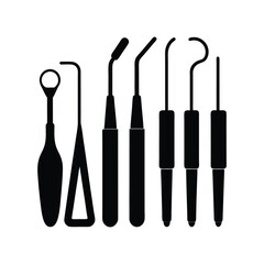 Set of dental tools with various instruments in metal including knife, fork, spoon, scissors, and sharp objects for medical and hygiene care, isolated on white background.