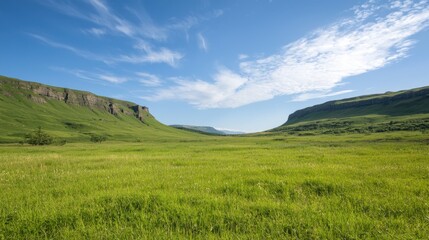 Fototapeta premium A stunning landscape featuring lush green fields framed by dramatic cliffs under a clear blue sky with wispy clouds.