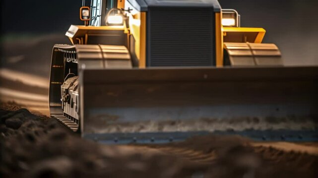 Closeup of earth being pushed aside by a powerful dozer blade with particles flying into the air caught midmotion emphasizing the intensity of the construction process.