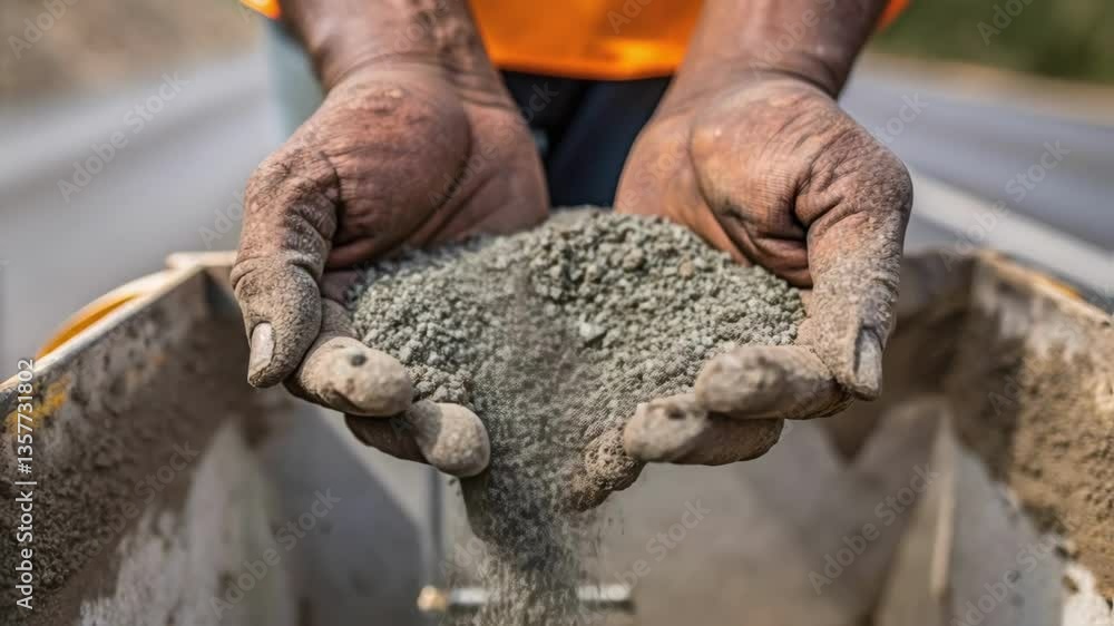 Aufkleber closeup of hands pouring aggregate into a mixer with asphalt clinging to the mixture showcasing the 