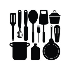 Set of kitchen utensils and tools icons in vector style for cooking and food preparation.