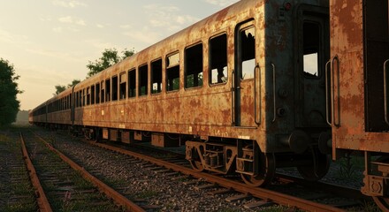 Fototapeta premium Rusty Rails at Sunset: A Forgotten Train's Last Stand