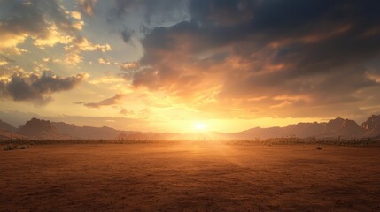 A stunning sunset over a barren landscape, with dramatic clouds and mountain silhouettes, creating a serene yet powerful atmosphere.