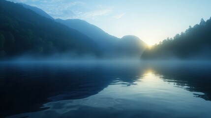 A serene landscape featuring misty mountains reflecting on a tranquil lake at dawn, creating a peaceful and ethereal atmosphere.