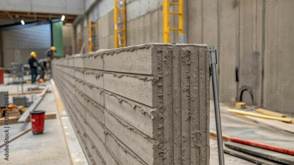Poster closeup of textured concrete walls rising taking shape with tools and equipment tered around reveali