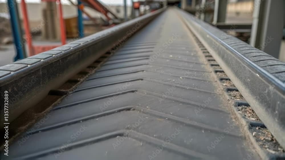 Aufkleber closeup of the textured surface of the industrial conveyor belt featuring its rugged design built fo