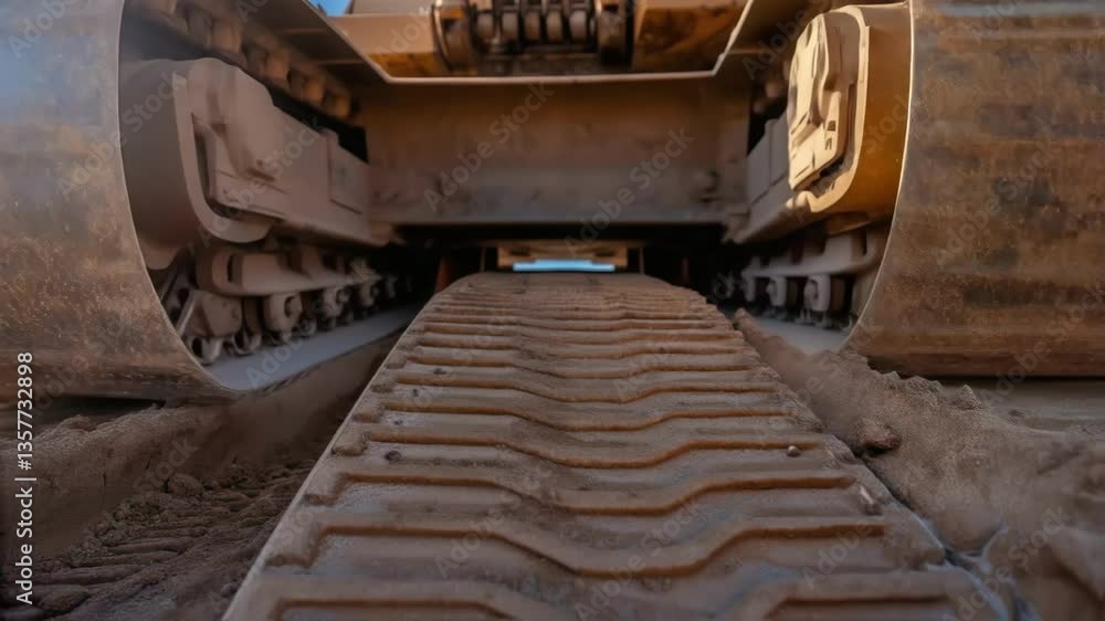 Poster Closeup of the tracks of a large crawler excavator pressing into the ground leaving imprints in the clay as it lifts a bucket full of soil against a clear blue sky.
