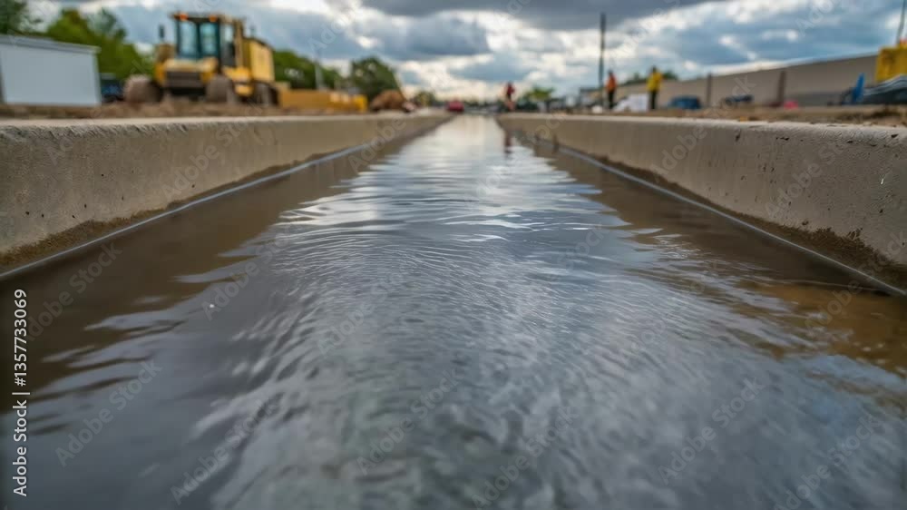 Poster Closeup of water flowing through a temporary drainage system creating ripples that reflect the overcast sky while construction continues at the site.
