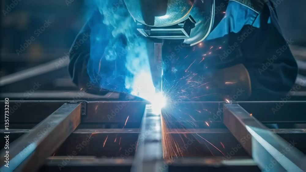 Poster closeup on a welding torch emitting bright sparks as a technician expertly fuses the metal component