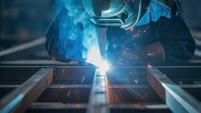 Closeup on a welding torch emitting bright sparks as a technician expertly fuses the metal components together highlighting the intensity and skill of manual labor.
