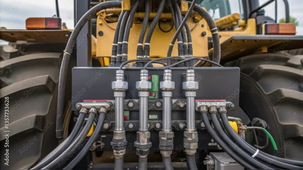 Aufkleber detailed shot of hydraulic lines and valves connecting various components of a large harvester showc