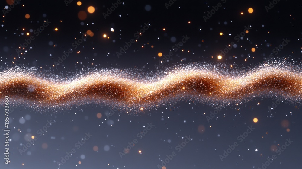 Poster abstract shimmering wavy line of light particles on dark background