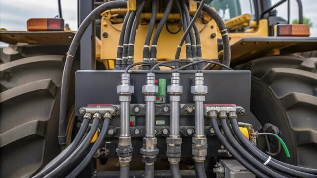 Detailed shot of hydraulic lines and valves connecting various components of a large harvester showcasing the complexity and engineering prowess of modern farming equipment.