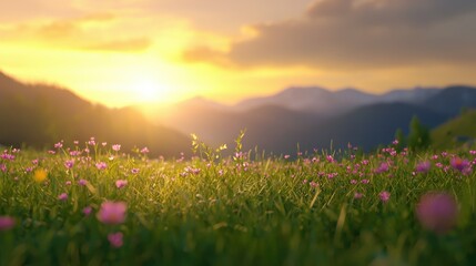 A serene landscape featuring a vibrant field of flowers under a golden sunset, with mountains in the background.