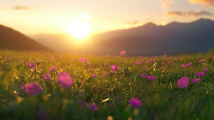 Fototapeta premium A serene sunset over a field of pink flowers, casting a warm golden hue across the landscape with distant mountains in the background.
