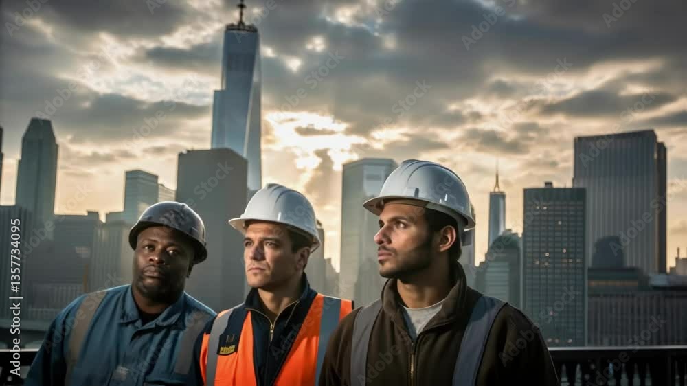 Poster Medium closeup capturing the shadowed faces of workers against the skyline each embodying concentration as they navigate their lofty task.