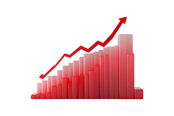 Ascending 3D Bar Graph With Red Arrow Indicating Isolated on White and Transparent Background PNG Image.