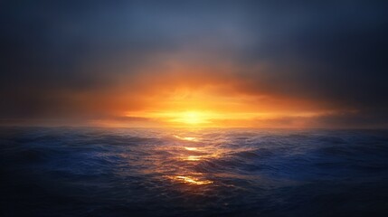 Naklejka premium A serene ocean sunset with vibrant orange hues reflecting on dark waters, creating a tranquil and captivating atmosphere.