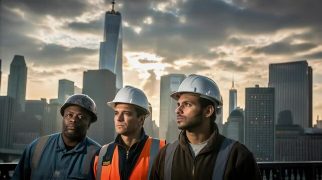 Medium closeup capturing the shadowed faces of workers against the skyline each embodying concentration as they navigate their lofty task.