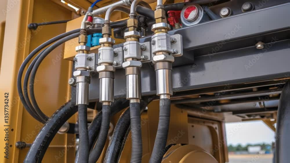 Fototapete Medium closeup capturing the hydraulic lifting mechanisms being installed with a focus on the intricate tubing and controls that manage the loading height.