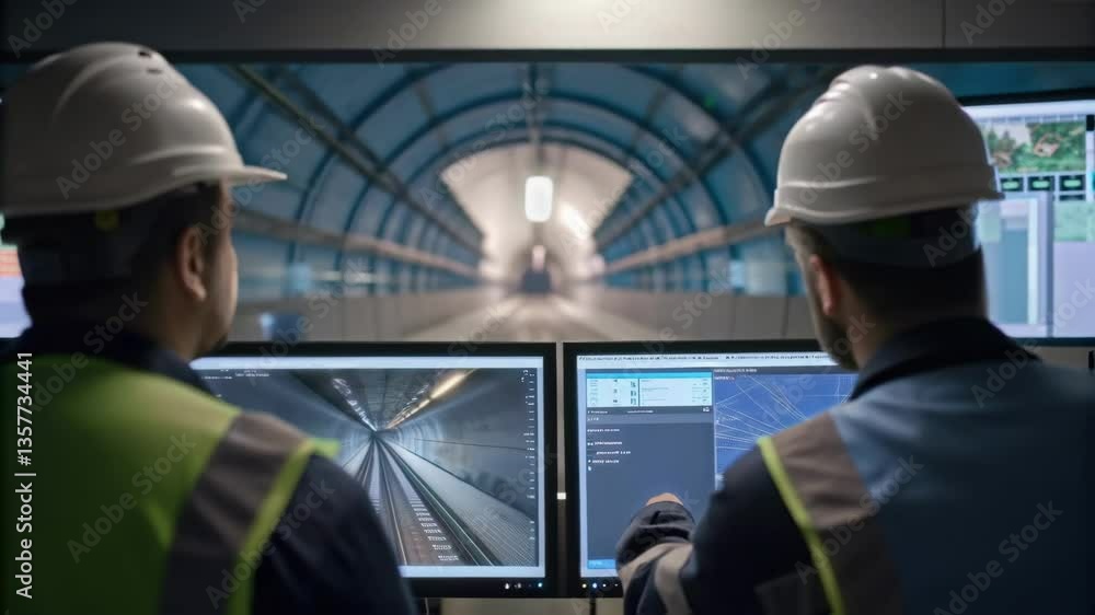 Fototapete Medium closeup of a digital monitoring system displaying tunnel structural integrity with engineers observing data on screens representing the importance of technology in ensuring
