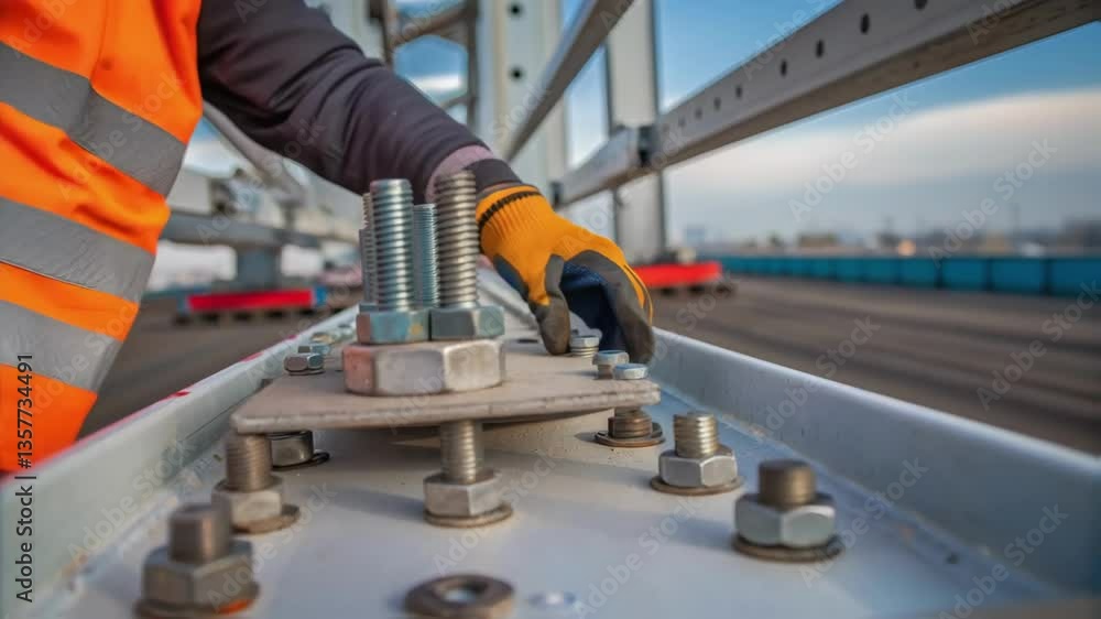 Poster medium closeup of a crew member tightening bolts on a bridge segment before its loaded onto a transp