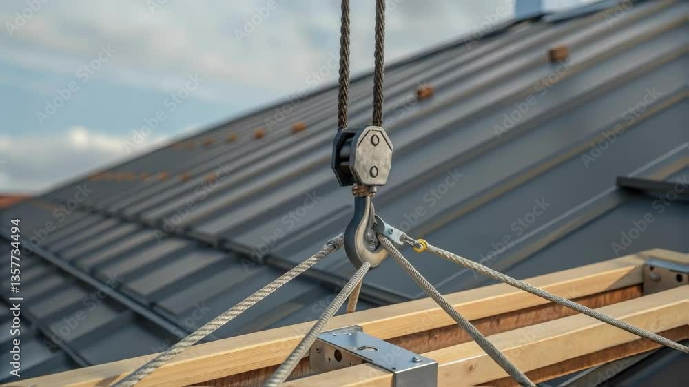 Poster medium closeup of a cranes hook lifting a section of the roof focusing on the dynamic tension of the