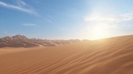 A serene desert landscape with rolling sand dunes under a bright blue sky, highlighting the beauty of nature and the play of light.